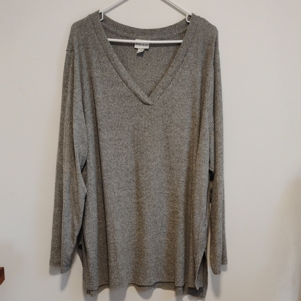 Ava & Viv | Gray Long Sleeve Ribbed V-neck Tunic | Women's 3X